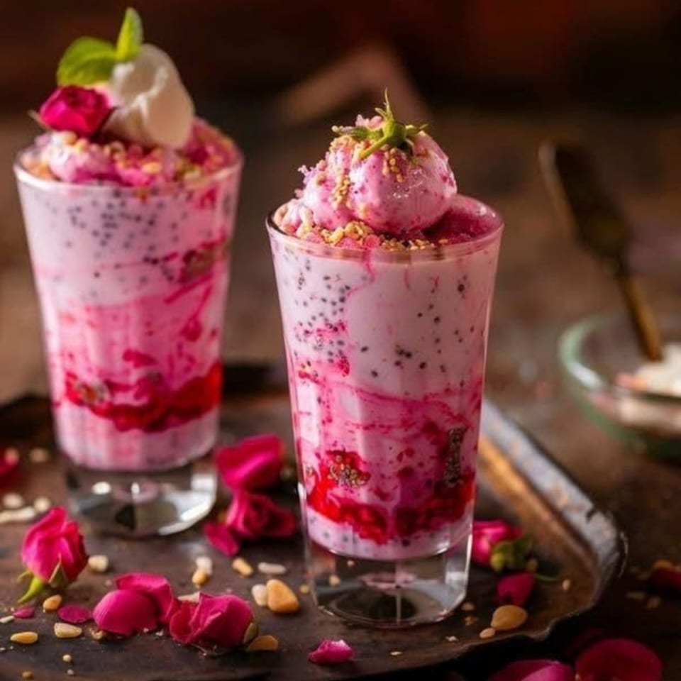 Two glasses of pink falooda, topped with ice cream, nuts, and mint, surrounded by rose petals.