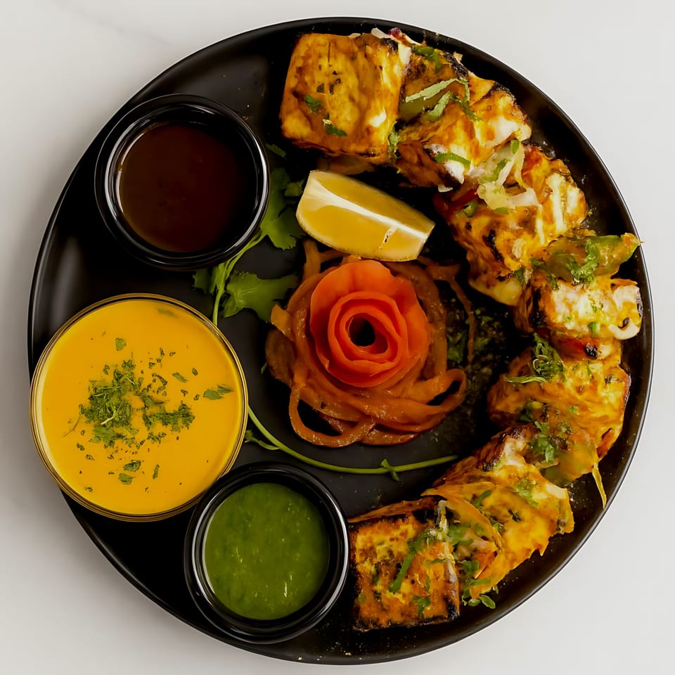 Jannat Indian Restaurant's paneer tikka with three sauces, lemon, and onion garnish on a black plate.