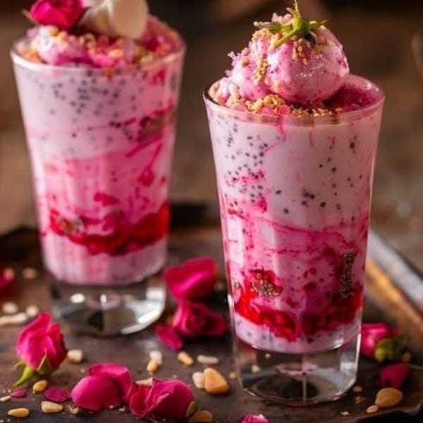 Two glasses of pink falooda with ice cream, nuts, and rose petals on a dark tray.