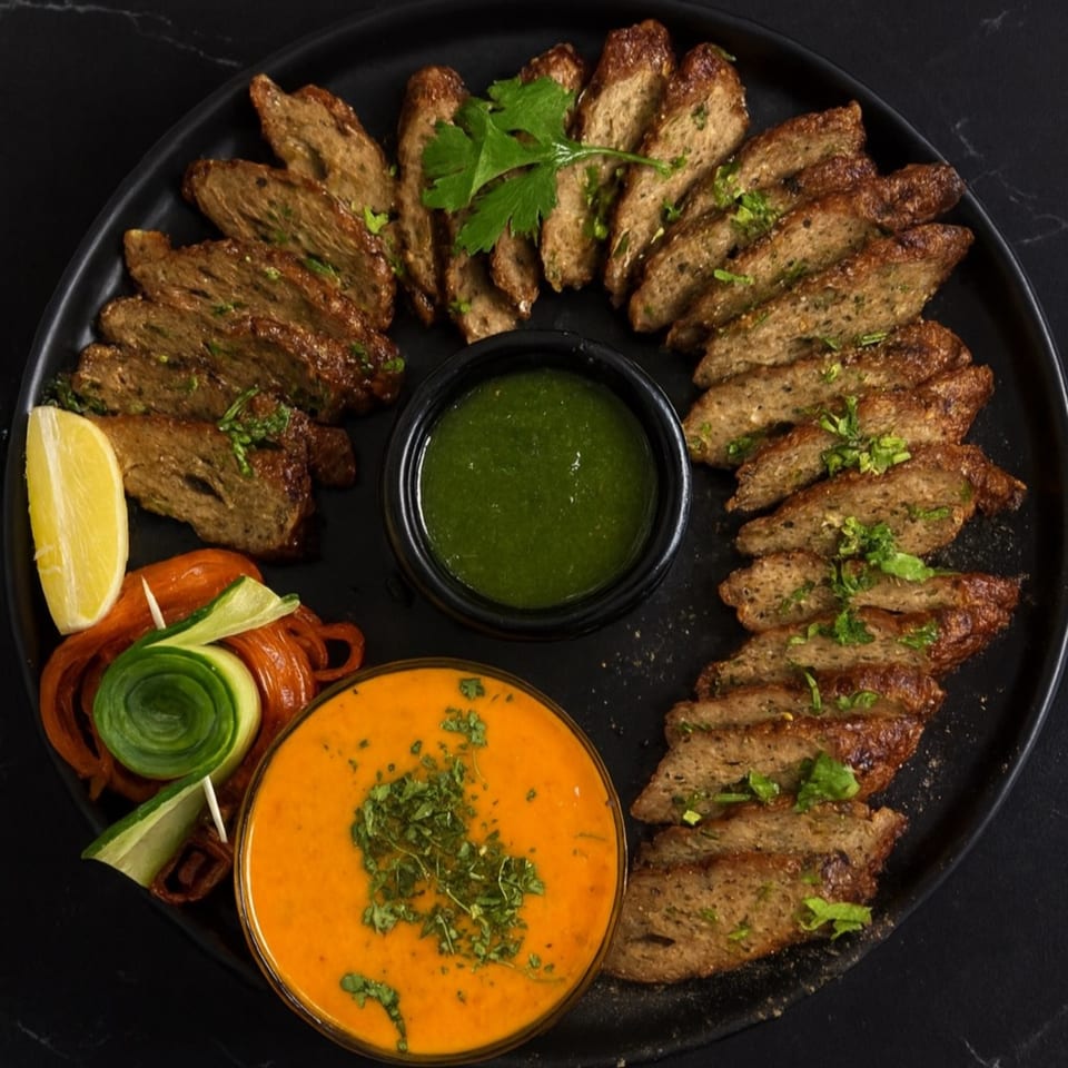 Jannat Indian Restaurant's seekh kebabs, chutneys, and pickled vegetables arranged on a black platter.